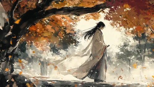 Solitary robed figure walks beneath autumn foliage in mist