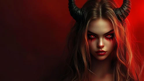 Horned female figure with red eyes against red backdrop.