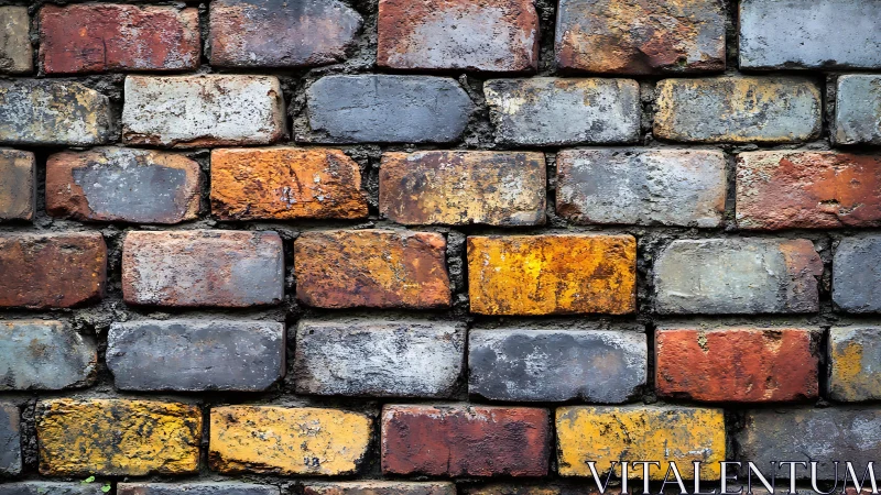 Weathered brick wall with colorful patina in rustic urban style.