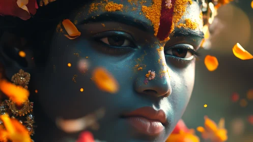 Divine blue visage amid drifting marigold petals and quiet fire.