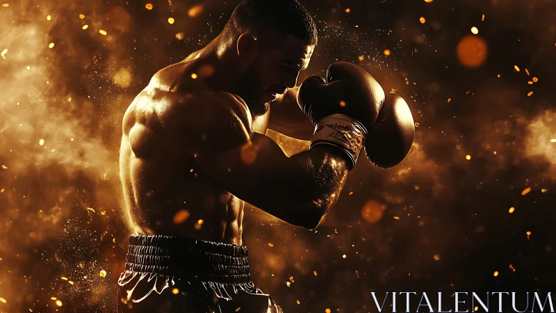 Boxer in Dynamic Punch with Golden Particle Effects.