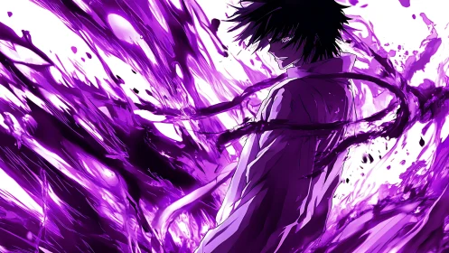 Male anime figure stands amid dynamic purple energy flows