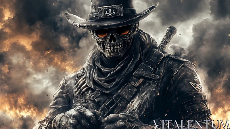 Flaming skull gunslinger framed by explosive dust storm.