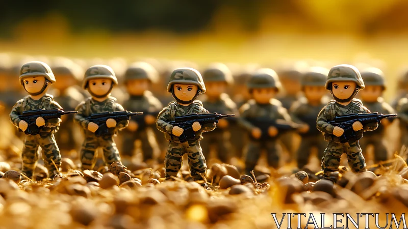 Toy soldiers in camouflage gear standing in formation outdoors.