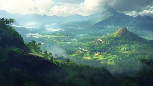 Sunlit valley landscape with misty mountains and temples