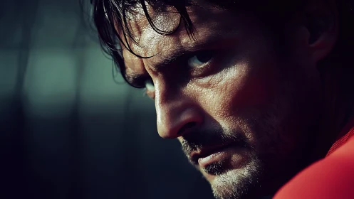 Intense low key closeup of determined male face in profile