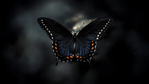 Black swallowtail butterfly on dark blurred background.