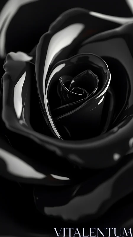 Glossy black rose petals curl in dramatic close-up view.