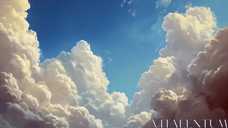 Towering cumulus clouds frame deep blue summer sky