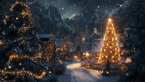 Snowy alpine village glows under towering Christmas tree