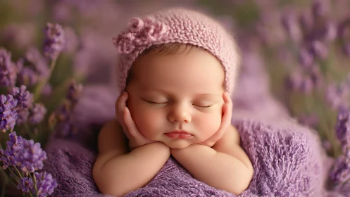 Sleeping Newborn in Lavender Field with Pink Hat.