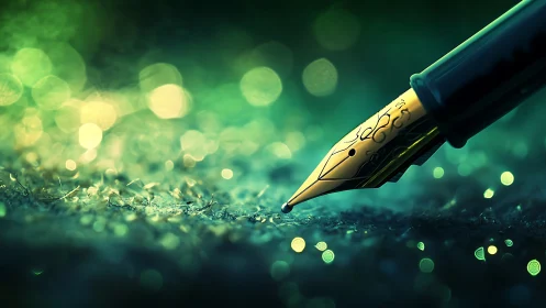Golden fountain pen tip glows over glittering green surface