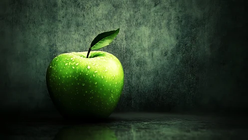 Green apple rests on dark reflective surface under moody light