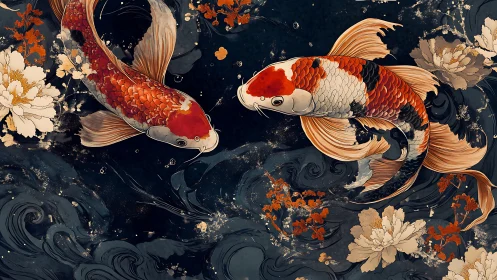 Koi carp pair in stylized dark pond with floral elements.