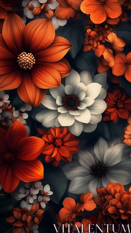 Vibrant Floral Composition with Red and White Blooms.