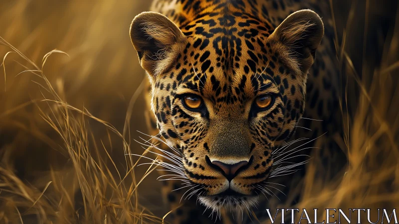 Golden-eyed Leopard Portrait in Savanna Grassland.