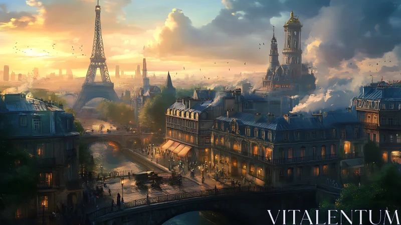 Sunlit Parisian skyline with Eiffel Tower and riverside streets