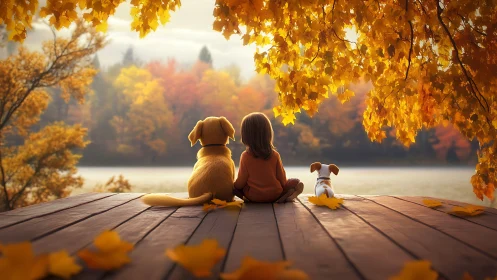 Golden Hour Lakeside Composition: Child, Canines, and Autumnal Foliage.