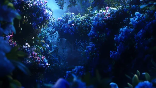 Bioluminescent floral ravine rendered in cinematic blue light