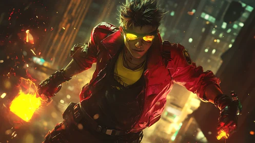 Cyberpunk vigilante ignites neon city streets in motion