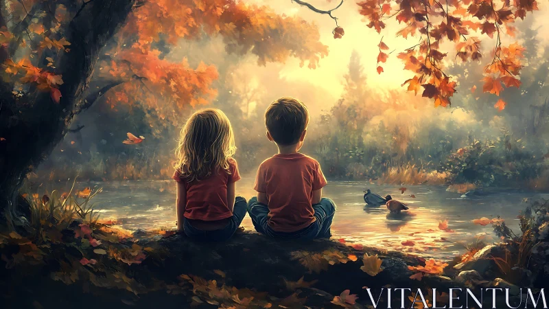 Two children seated by autumn stream beneath golden foliage canopy