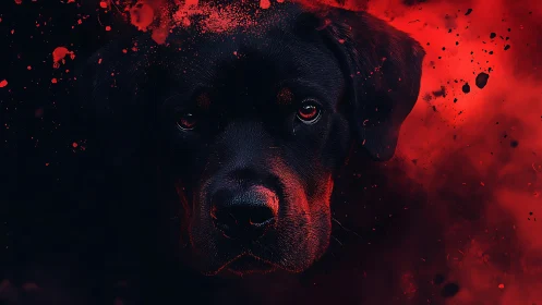 Black dog portrait emerges through red particulate haze