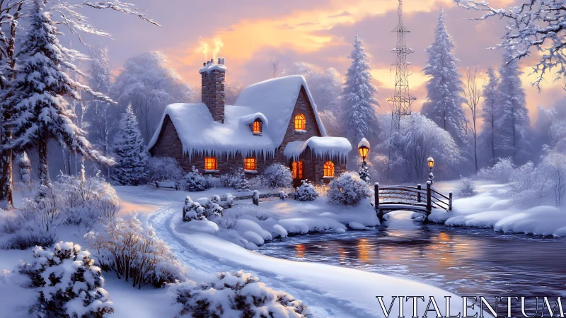 Snowlit cottage dreams glow warmly beneath winter dusk