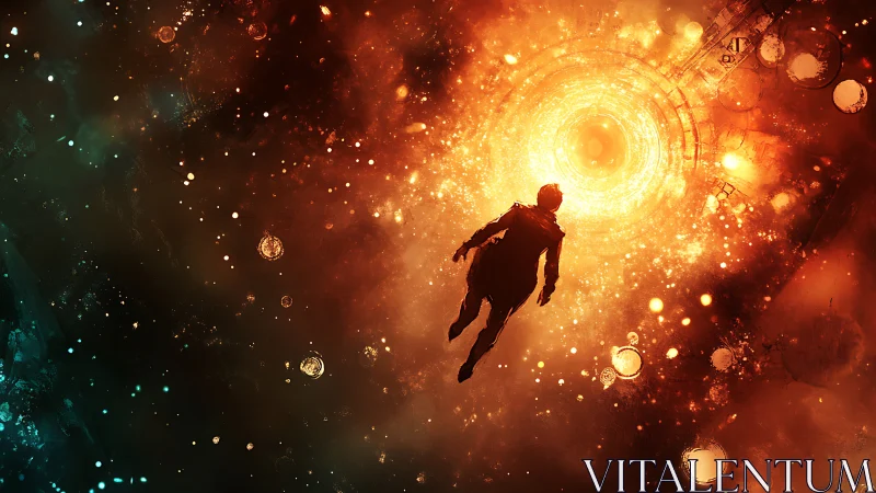 Silhouetted figure moving toward bright circular portal in space.