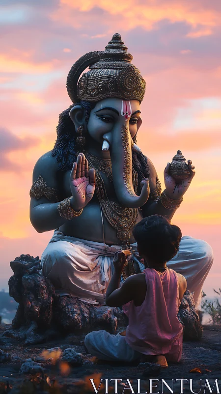 Child sits before Ganesh statue under vivid sunset sky