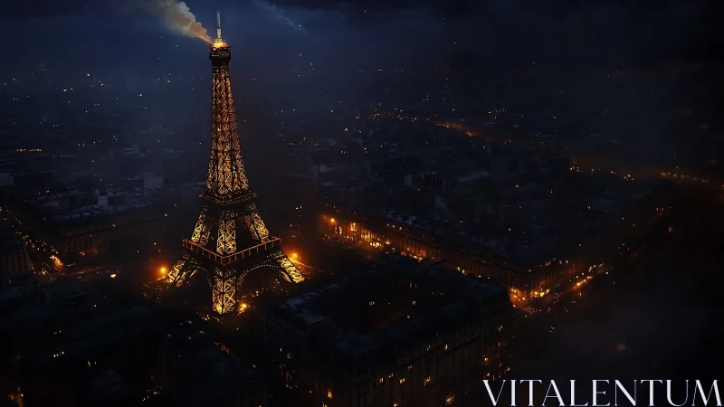 Paris night glow around the softly lit Eiffel Tower.
