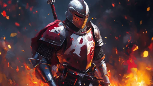 Armored knight in blazing battlefield with molten highlights.