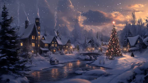 Snowy village glows around illuminated riverside Christmas tree
