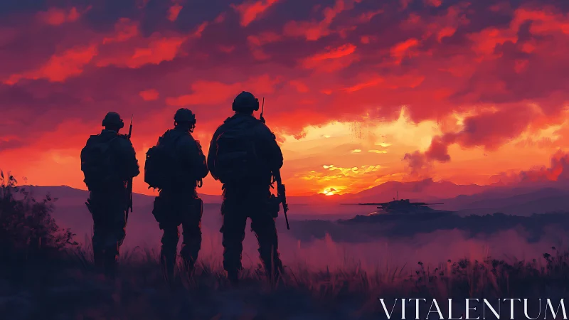 Soldiers watch a blazing war-torn sunset horizon in silence.