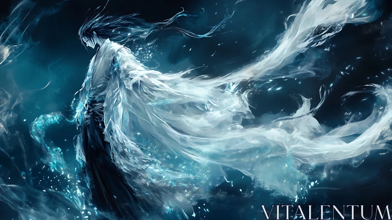 Ethereal spirit figure in flowing elemental energy cloak.