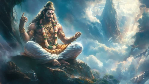 Mythic mountain sage in luminous meditative clouds panorama.