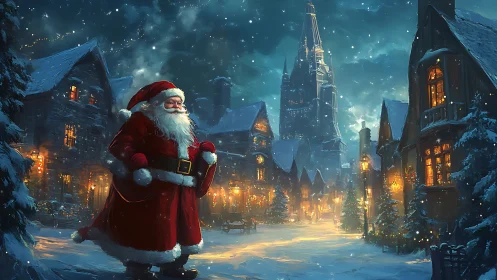 Santa figure in snowy illuminated village street at night.