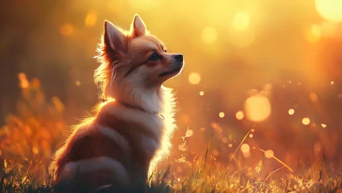 Backlit long-haired dog studies glowing meadow bokeh field