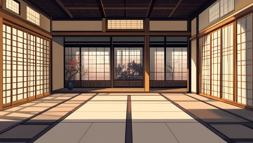 Traditional tatami interior with shoji light geometry in anime style.