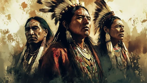 Indigenous leaders stand proud in ceremonial feathered regalia.