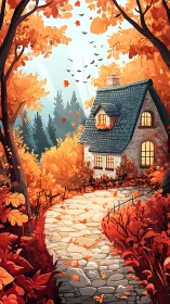 Stone cottage nestles under glowing autumn forest canopy
