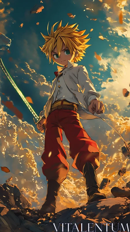 Blond anime swordsman stands on rocky peak at sunset sky.