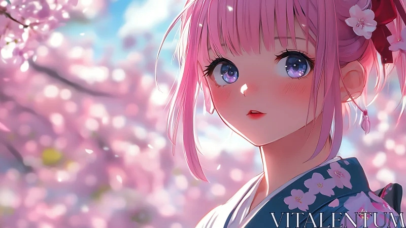 Sakura-kissed anime girl under a dreamy bloom-swept sky.