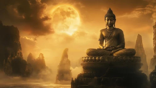 Golden Buddha statue meditates beneath immense mystical moon.