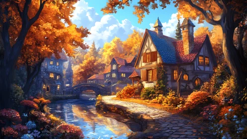 Digital painting of autumn riverside cottages and stone bridge.