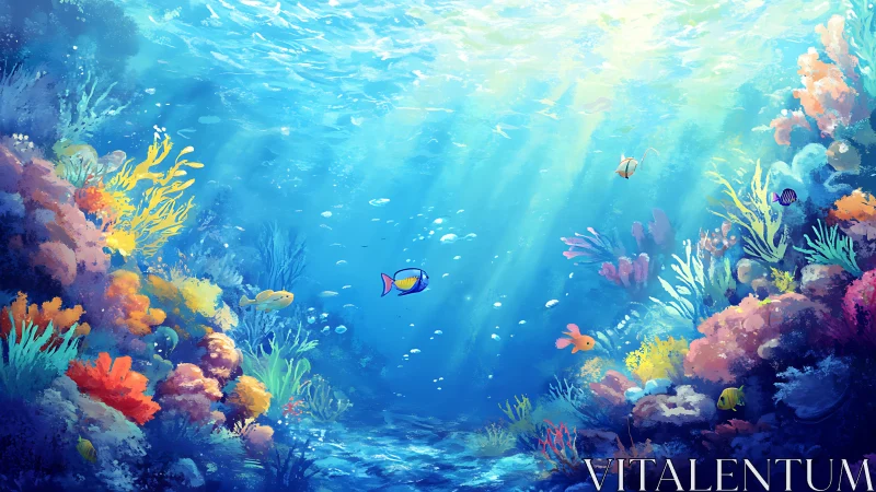 Digital underwater coral reef scene shows light rays and fish