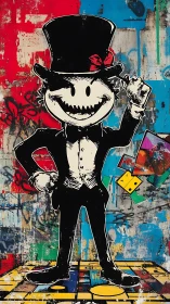 Top-hatted trickster dominates vibrant graffiti collage.