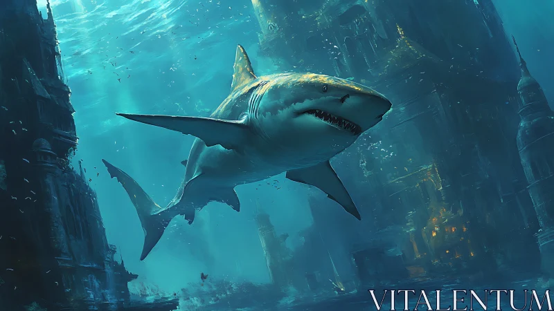 Curious shark exploring a dreamy, forgotten ocean city.