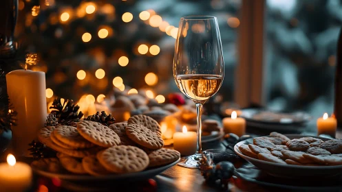 Holiday cookies and wine glow in warm candlelight ambiance.