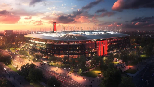Modern football stadium glows at sunset above a vibrant city