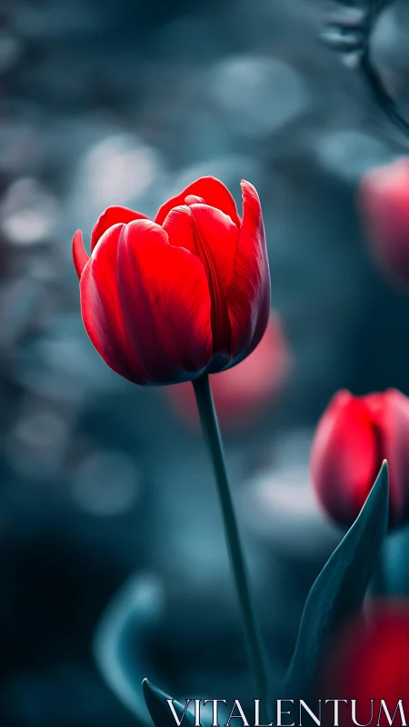 Scarlet tulip glows softly against a cool blurred garden